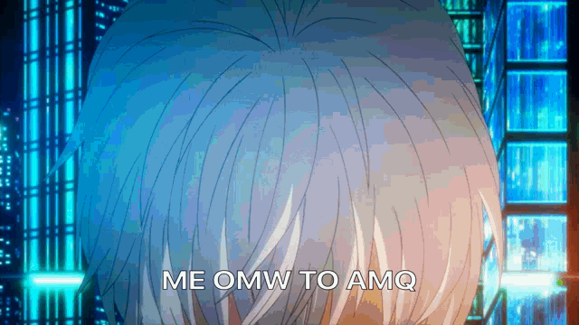 a close up of a person 's head with the words " me omw to amq " above it