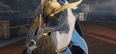 a video game character is wearing a helmet and a blue cape