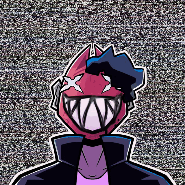 a drawing of a person with a mask on their face with a gray background