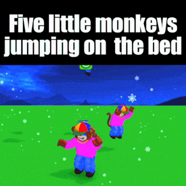 two little monkeys are jumping on the bed in a cartoon