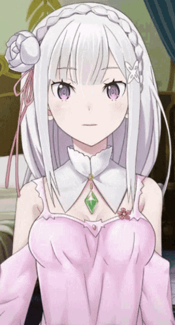 a girl with white hair and purple eyes wearing a pink dress