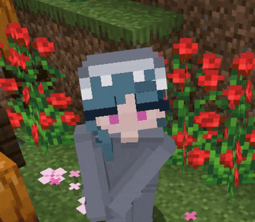 a minecraft character with blue hair and sunglasses is standing in front of flowers
