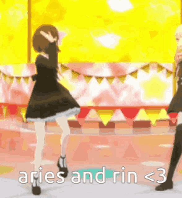 two anime girls are dancing in front of a yellow background and the words aries and rin < 3 are on the bottom