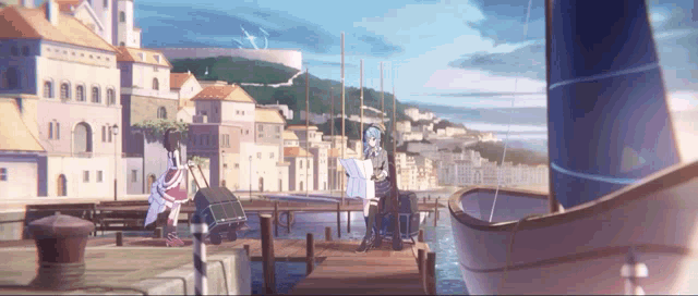 a couple standing on a dock looking at a map with a boat in the background