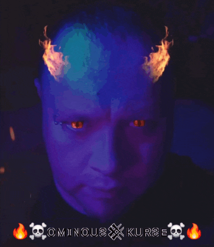 a man with flames on his horns and the words dominou2 kur2e below him