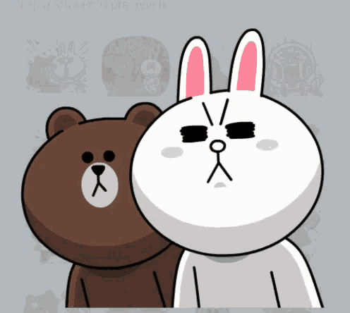 a brown bear and a white rabbit are standing next to each other on a grey background