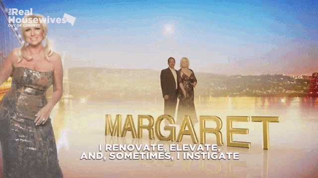 a poster for real housewives shows a woman in a gold dress
