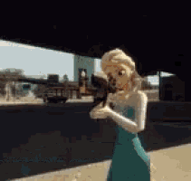 a cartoon character in a green dress is holding a microphone .