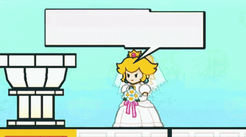a cartoon of princess peach in a wedding dress with a speech bubble that says no and who picked this dress out