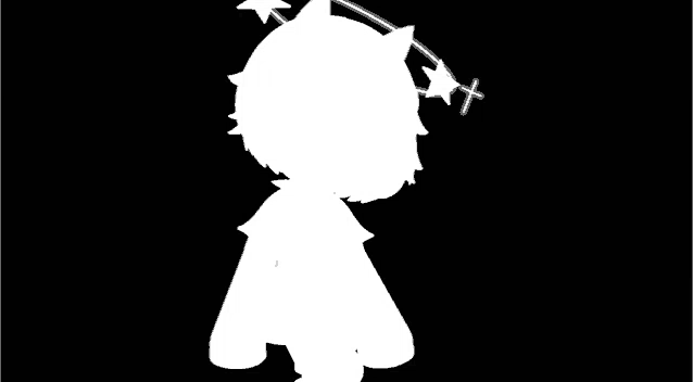 a white silhouette of a cartoon character on a black background with stars in his hair .
