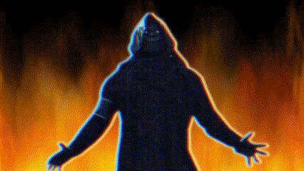 a silhouette of a man with his arms outstretched in front of a fire background