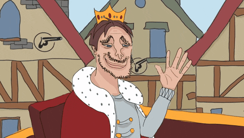 a cartoon of a man with a crown on his head waving