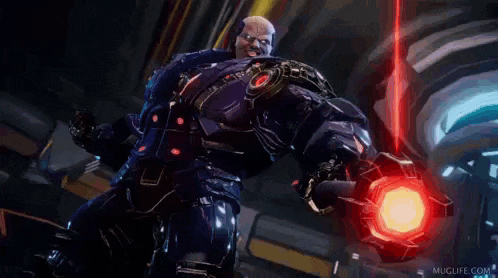 a robot is holding a red light in his hand in a video game .