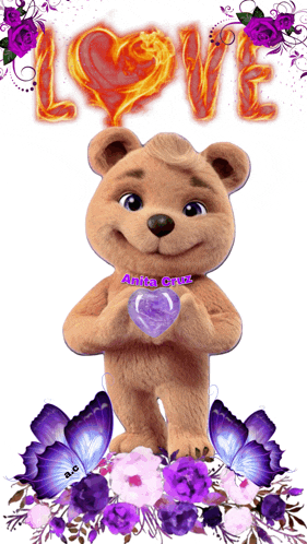 a teddy bear holding a heart with the word love behind him