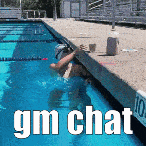 a woman is swimming in a pool with the words " gm chat " below her
