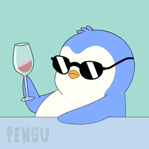 a penguin wearing sunglasses is holding a glass of red wine
