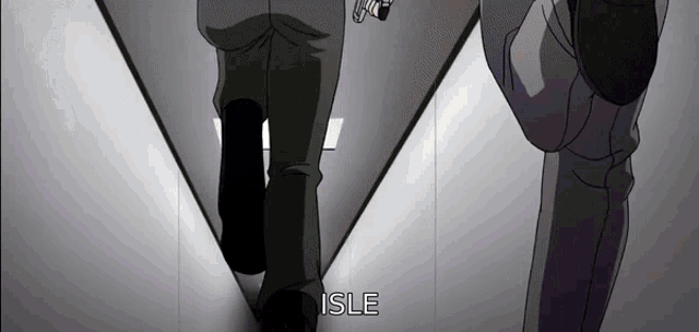 a person walking down a hallway with the word isle on the bottom right