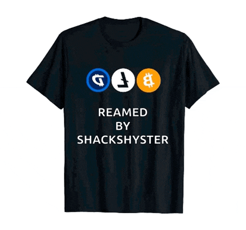 a black t-shirt with the words reamed by shackshyster on it