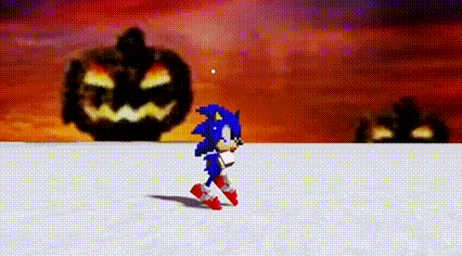 sonic the hedgehog is walking in front of a pumpkin with a face on it .