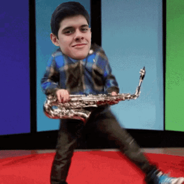 a man in a plaid shirt is holding a saxophone in his hands