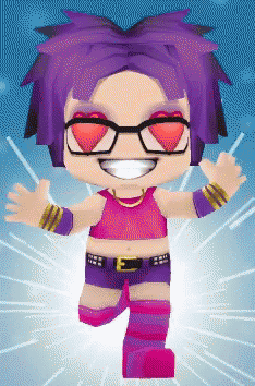 a girl with purple hair and heart shaped glasses is wearing a pink top and purple shorts