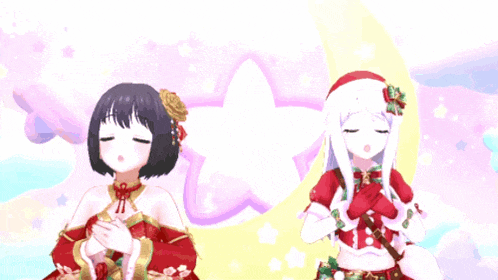 two anime girls in kimonos and santa hats are standing next to each other