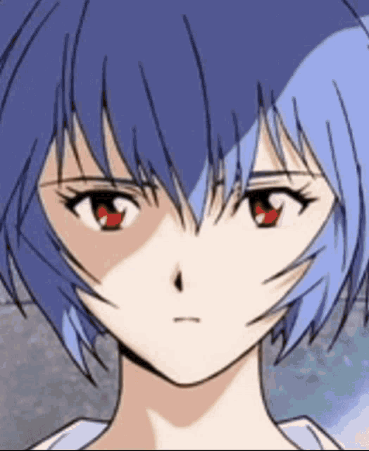 a close up of a anime girl 's face with blue hair and red eyes