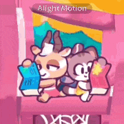 a cartoon of a goat and a cat sitting next to each other on a pink background .