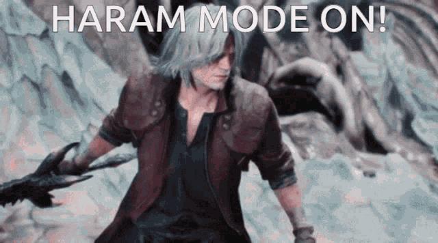 a devil may cry character is holding a sword and says " harem mode on ! "