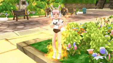 a girl in a video game is wearing bunny ears and a shirt that says " bunny "