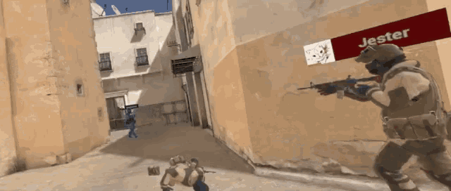 a soldier with a rifle stands in front of a red sign that says jester