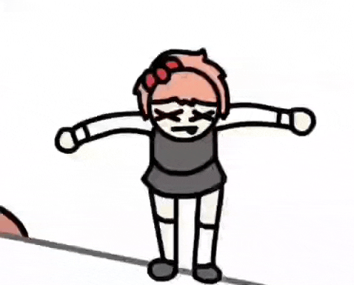 a cartoon of a girl standing on a tightrope with her arms outstretched and her eyes closed .