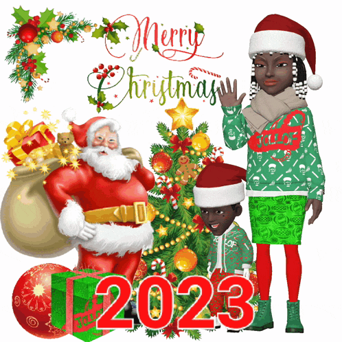 a merry christmas greeting card with santa claus and a girl