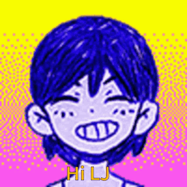 a pixel art drawing of a boy with blue hair and the words `` hi lj '' written on the bottom .