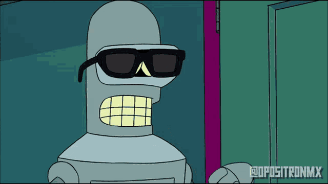 a cartoon of bender from the simpsons wearing sunglasses and a purple door