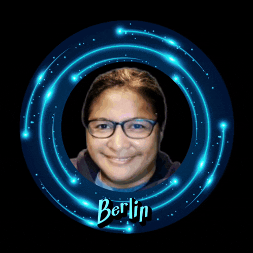 a woman 's face is surrounded by neon hearts and the word berlin