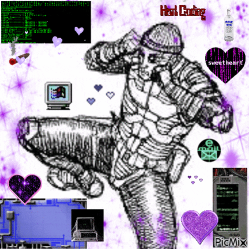 a black and white drawing of a man with purple hearts and the words hot girl sweetheart on the bottom