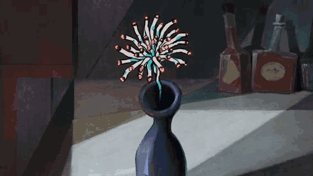 a painting of a hand holding a flower in a blue vase