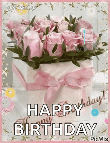 a birthday card with pink roses in a box and the words happy birthday