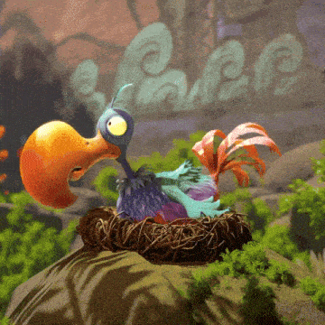 a cartoon bird is sitting in a nest on a rock with a large beak