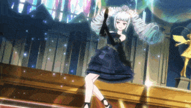 a girl in a blue dress holds a microphone in her hand