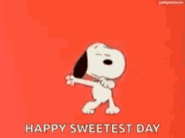 snoopy is dancing on a red background and says happy sweetest day .