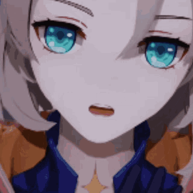 a close up of a girl with blue eyes and a star on her chest