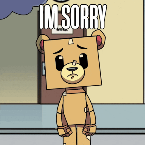 a teddy bear with a box on its head is standing in front of a door that says i 'm sorry