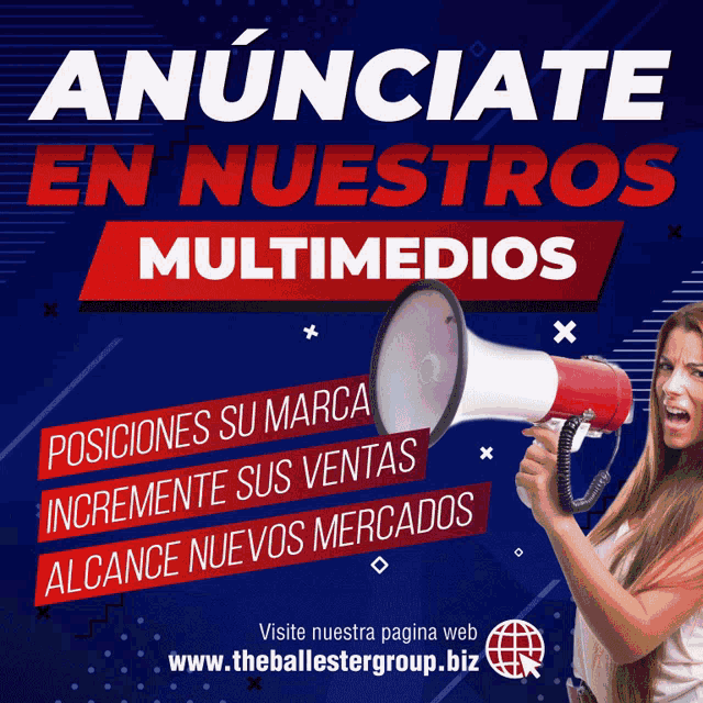 a woman is holding a megaphone in front of a blue background that says " anunciate en nuestros multimedios "