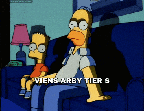 a cartoon of homer simpson and bart simpson sitting on a couch with the words viens arby tier s