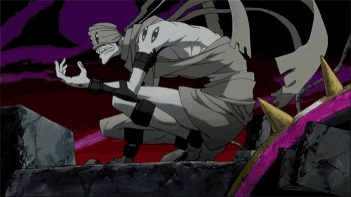 a cartoon character with a skull on his head is kneeling down