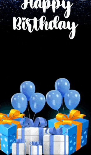 a happy birthday greeting card with blue balloons and presents