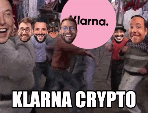 a group of men are dancing in front of a sign that says klarna