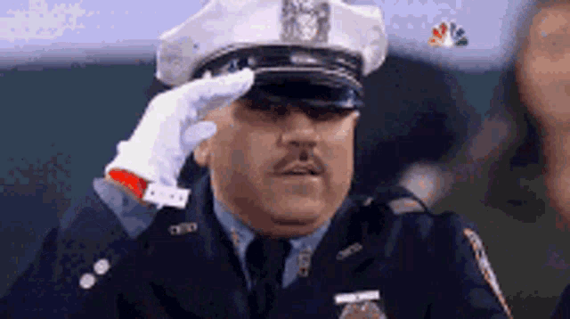 a police officer salutes the crowd while wearing a hat and gloves